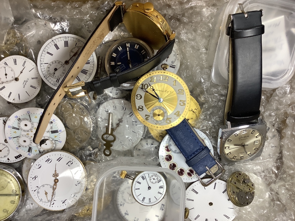 A collection of assorted pocket watch and wrist watch movements etc. including Vacheron & Constantin, base metal pocket watches including Omega & Longines and three modern wrist watches.